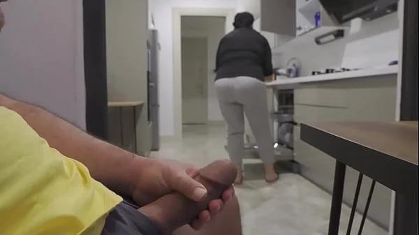 Stepmom caught me jerking off while watching her big ass in the Kitchen.