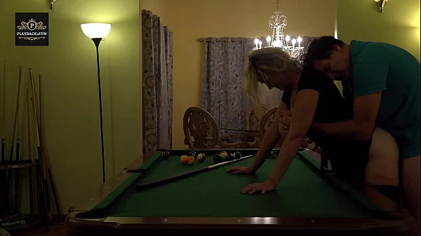 Hot MILF wife gets a hard handling on pool table. Huge tits rocking.