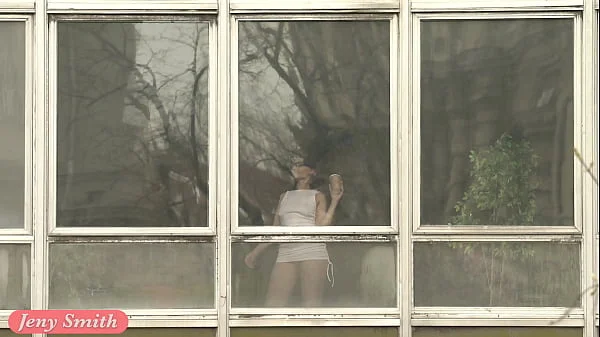 Jeny Smith teasing the strangers thru the window