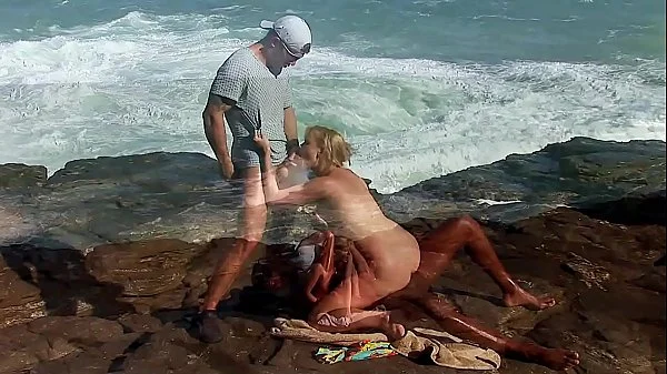 Anal on the Rocks! Busty Blonde Tourist Ass Fucked by the Locals. Interracial Outdoor Threesome with Double Penetration