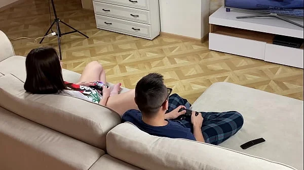 Stepson taught stepmother to play console and got her tight pussy in gratitude